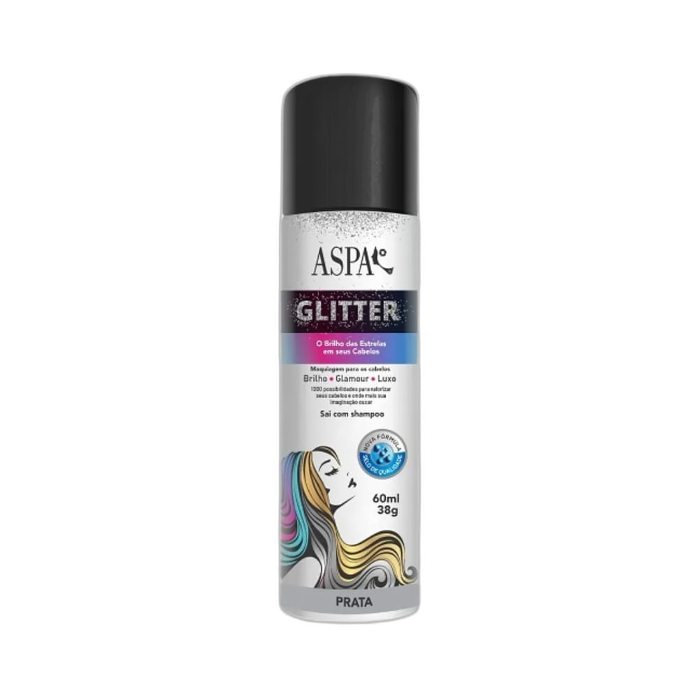 Frasco de Hair Spray Aspa Glitter Prata 60ml com design prata, branco e preto